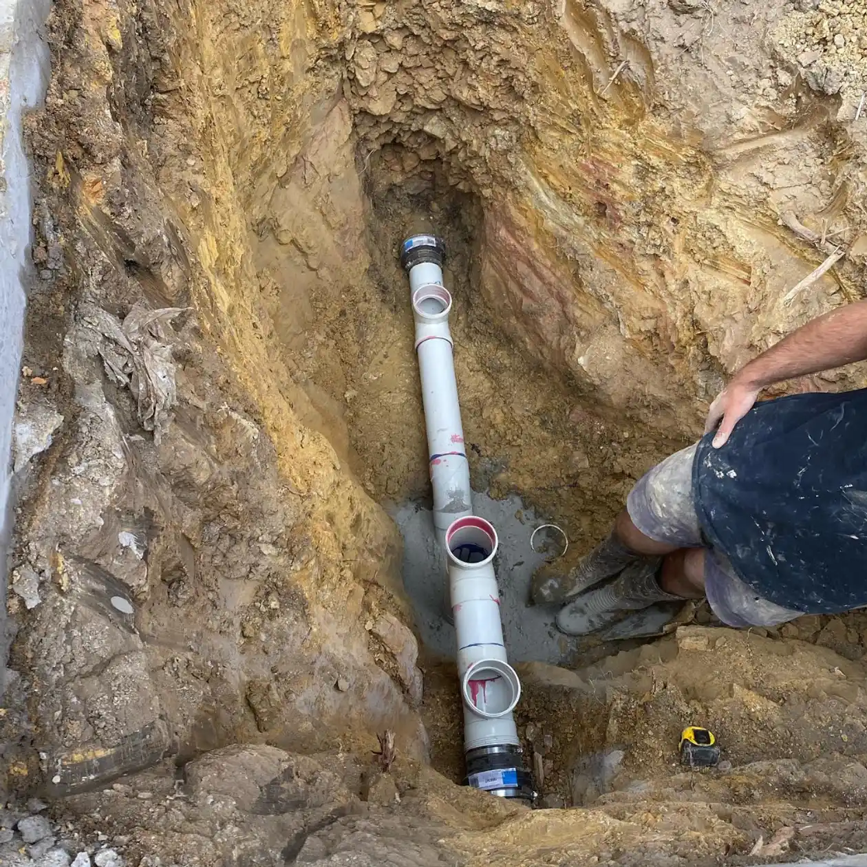 Plumber fitting new drainage pipe in an excavation beside a house