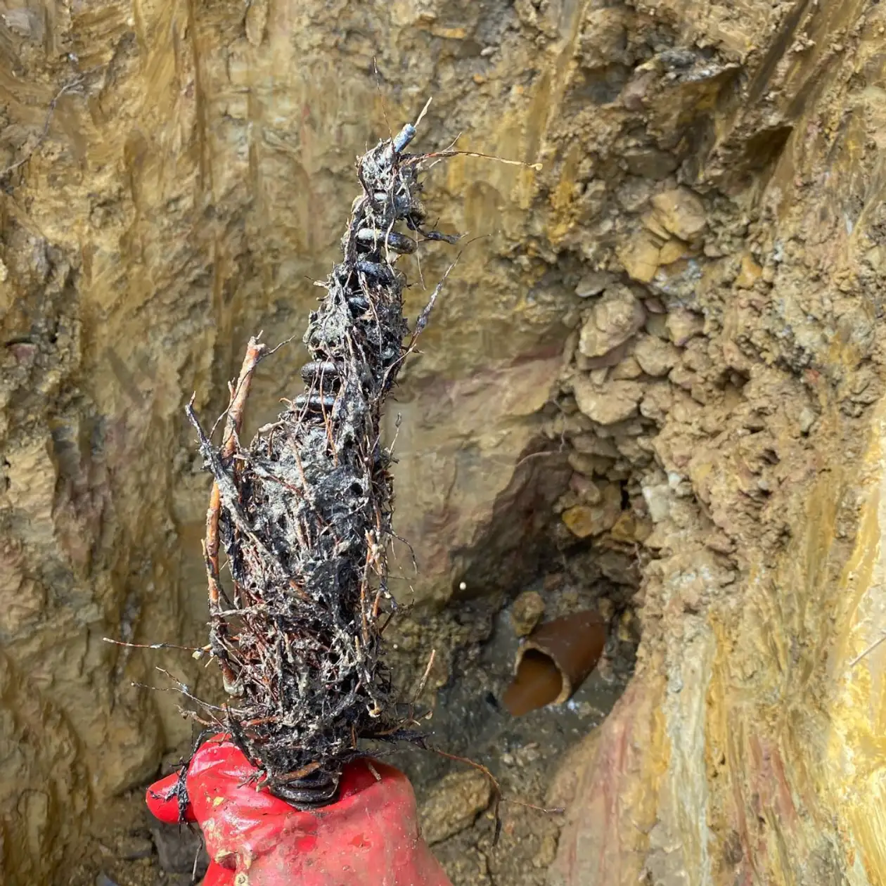 Tree roots pulled out of a blocked drain with the damaged pipe behind